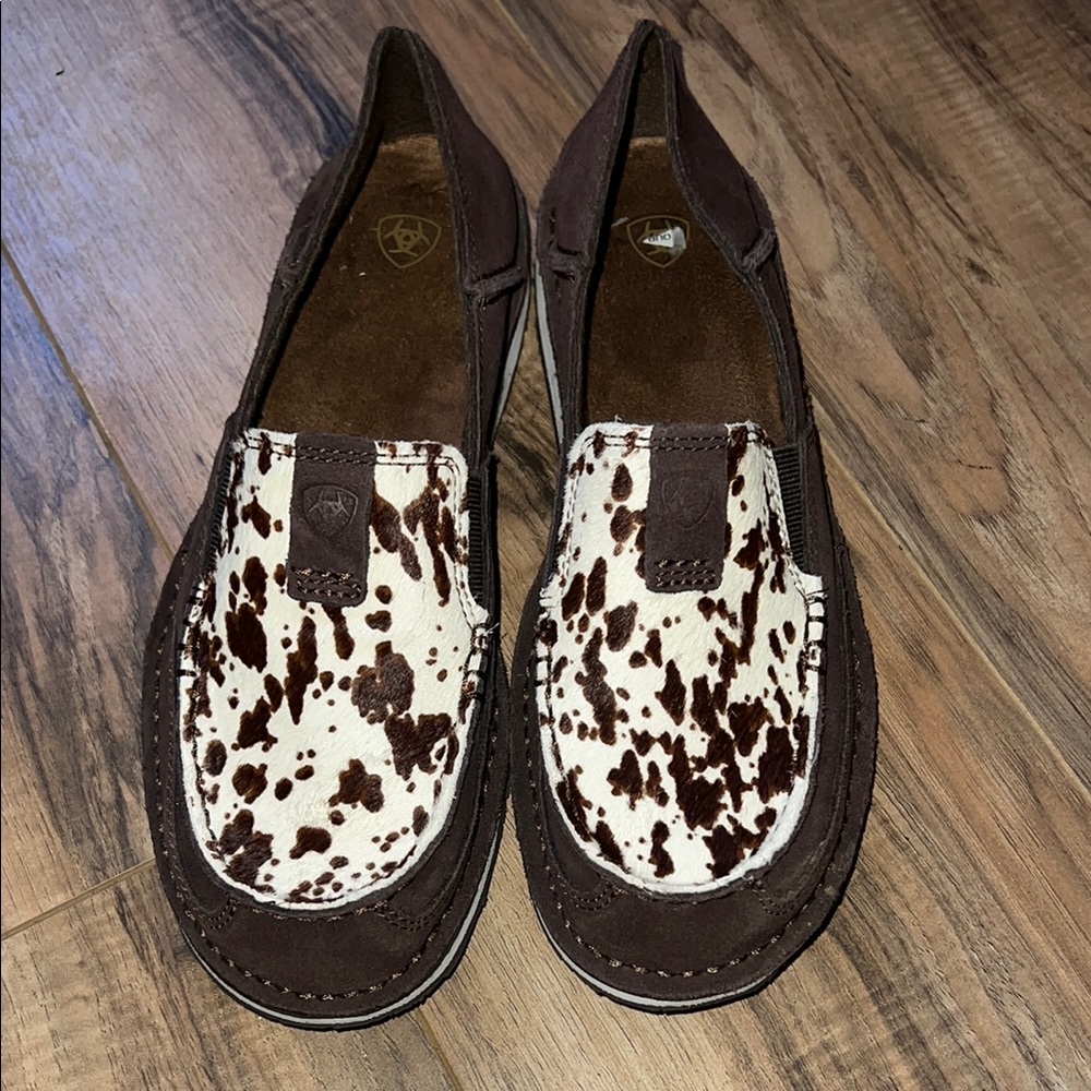 Brown and White Cow Print Loafers